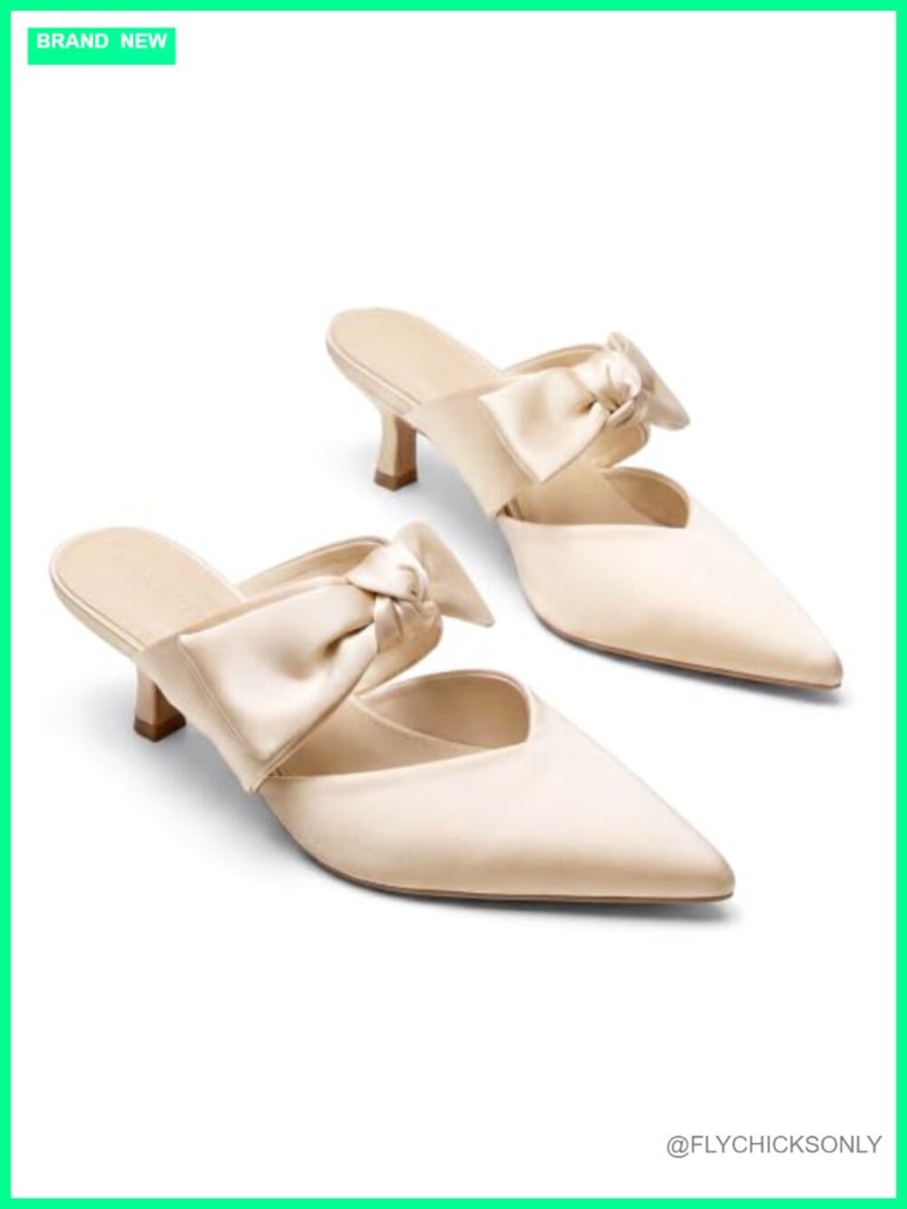 Kitten Heels Mules Bow Strap Pointed Toe Slip On Satin Dress Shoes Wedding